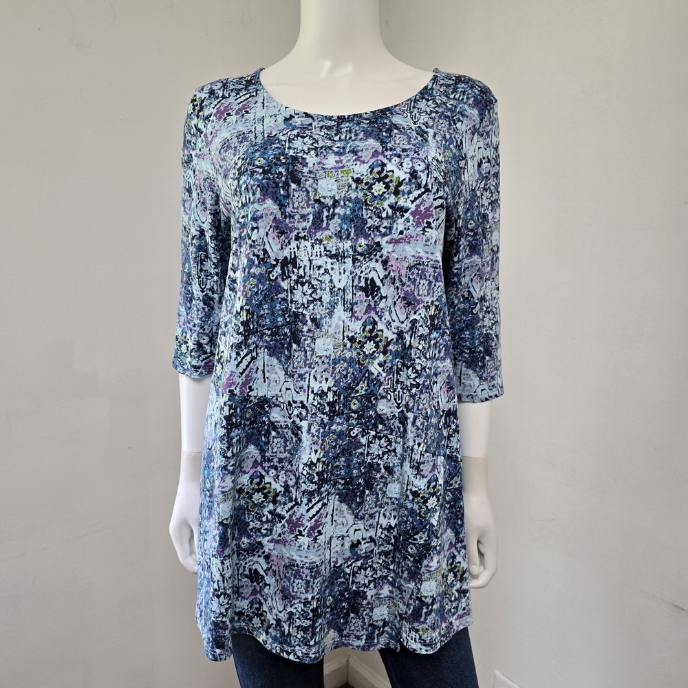 J Jill LP Large Petite Top Blouse Printed Wrap Tunic Elbow Sleeve Stretch Blue